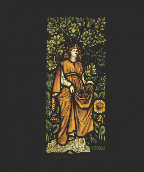 Autumn, one of four panels of stained glass in the inglenook fireplace in the Dining Room, designed by William Morris, dated 1873