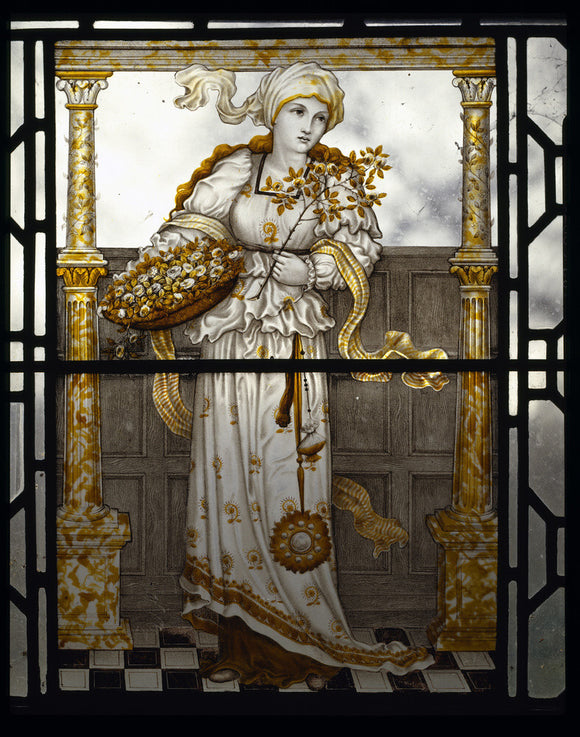 Painted glass by C E Kempe representing Summer and illustrating the passage from William Morris' 